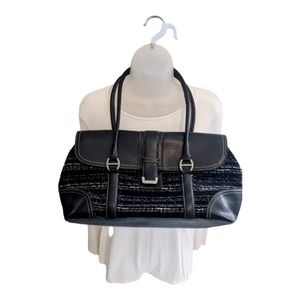 Liz Claiborne Large Black Gray Tweed Feel Double Strap Handbag